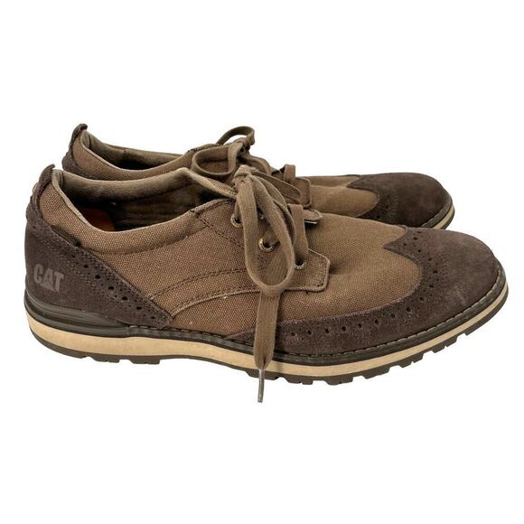 CAT Caterpillar Wingtip Oxford Shoes Canvas Faux Suede Brown Men's Size 11.5 - Picture 1 of 10